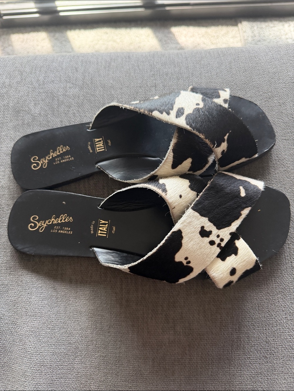 Seychelles Black & White Cowhide Crossover Slide Sandals